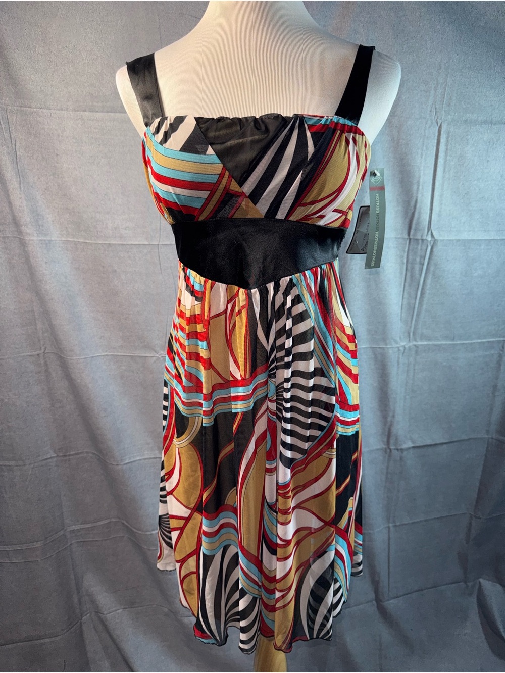 1927-Hot Kiss Multicolor Striped & Swirl Empire Waist Dress with Black Band